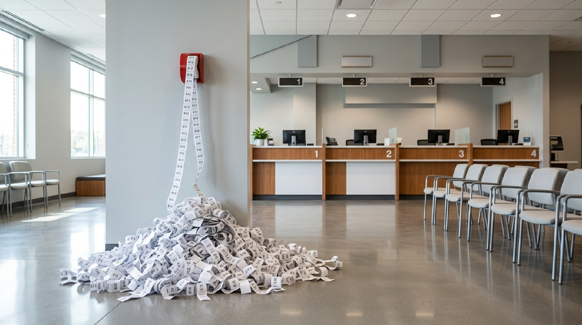 A tidy modern service office with four numbered counters, all unstaffed, and neat rows of empty waiting chairs. A ticket dispenser on the wall has unspooled its entire roll, leaving a large heap of unserved queue tickets on the floor.
